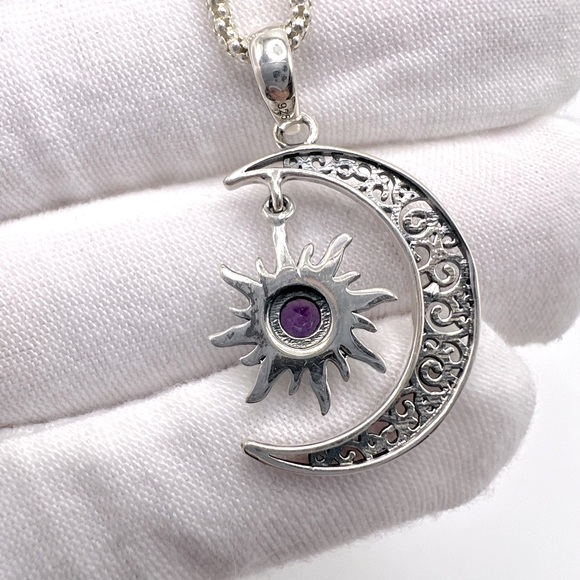 Genuine Amethyst .925 Sterling Silver Moon Necklace - Picture 8 of 13